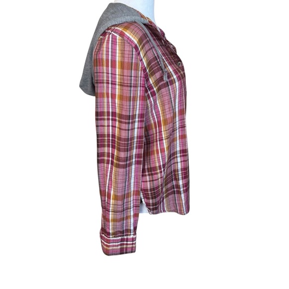 Mudd Juniors Pink Grey Multicolor Tartan Plaid Button Up Hooded Flannel Medium - Picture 3 of 10
